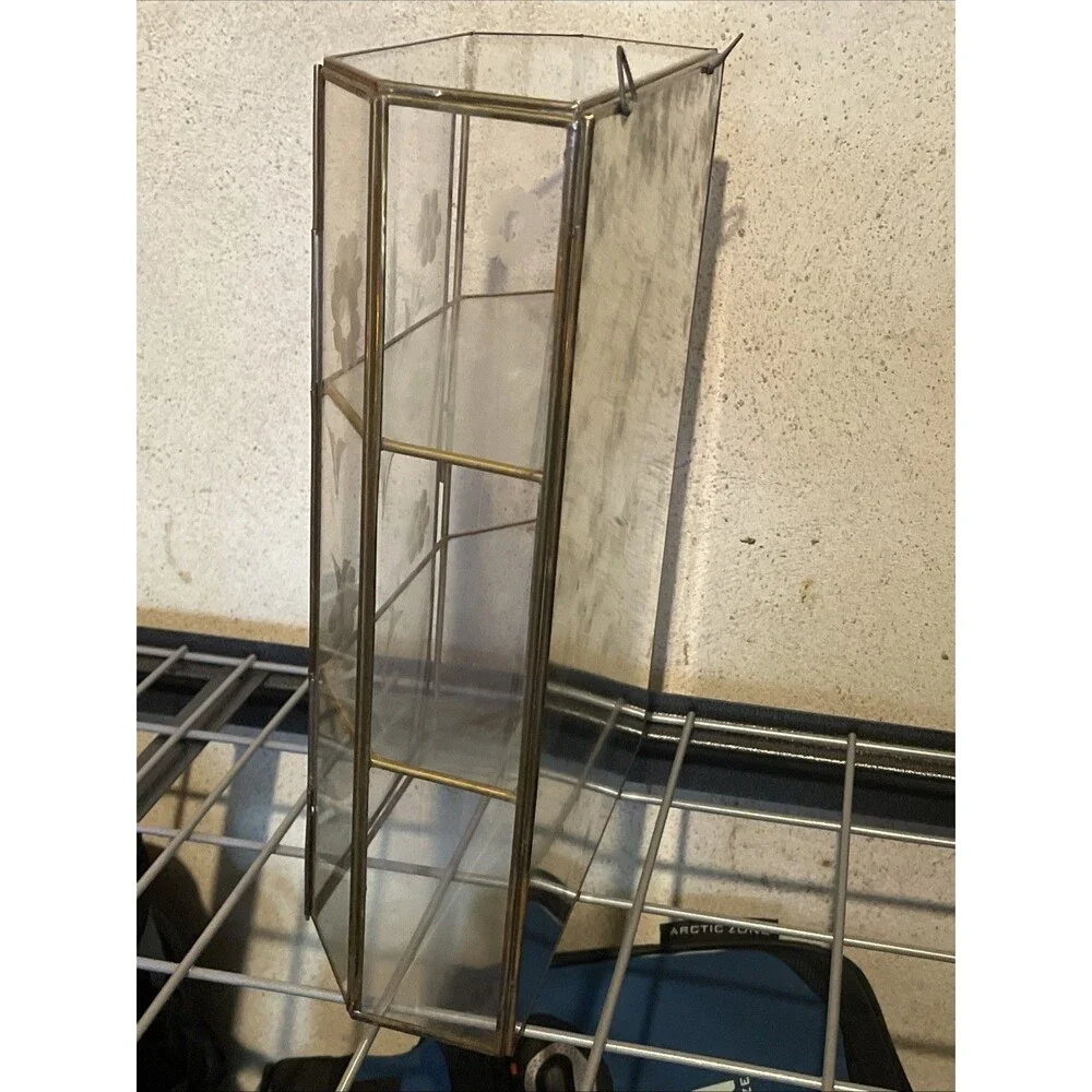 Vintage Etched Glass Brass Display Case Curio Cabinet Mirrored Back Wall Shelf